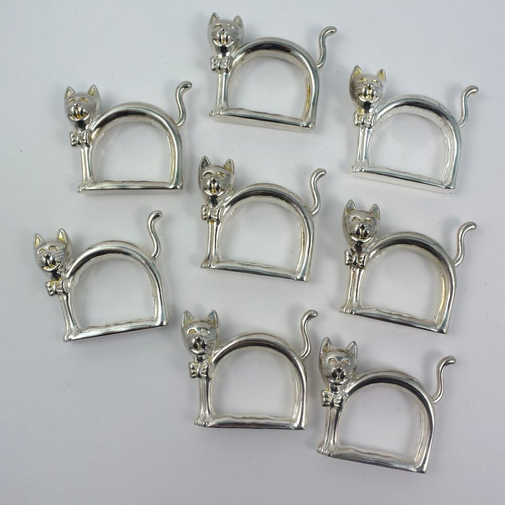 Set of 8 Silver Plated Cat Kitten Napkin Rings Holders 1990s Ex Cond!